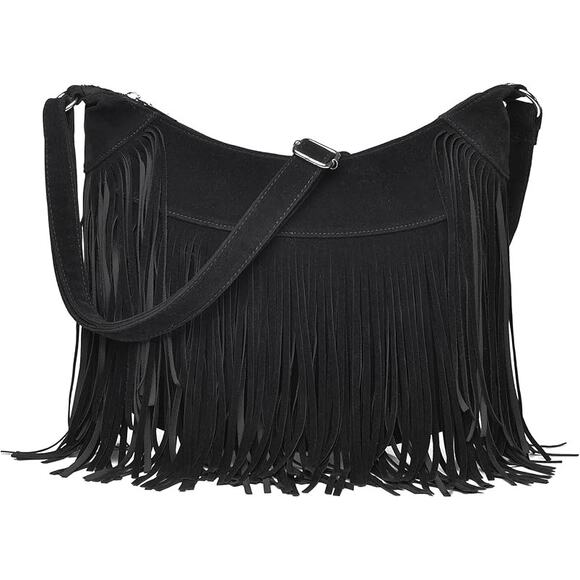 Unbranded Handbags - New Black Faux Suede Fringe Hobo Crossbody Hippie Western Cowgirl Handbag Bag